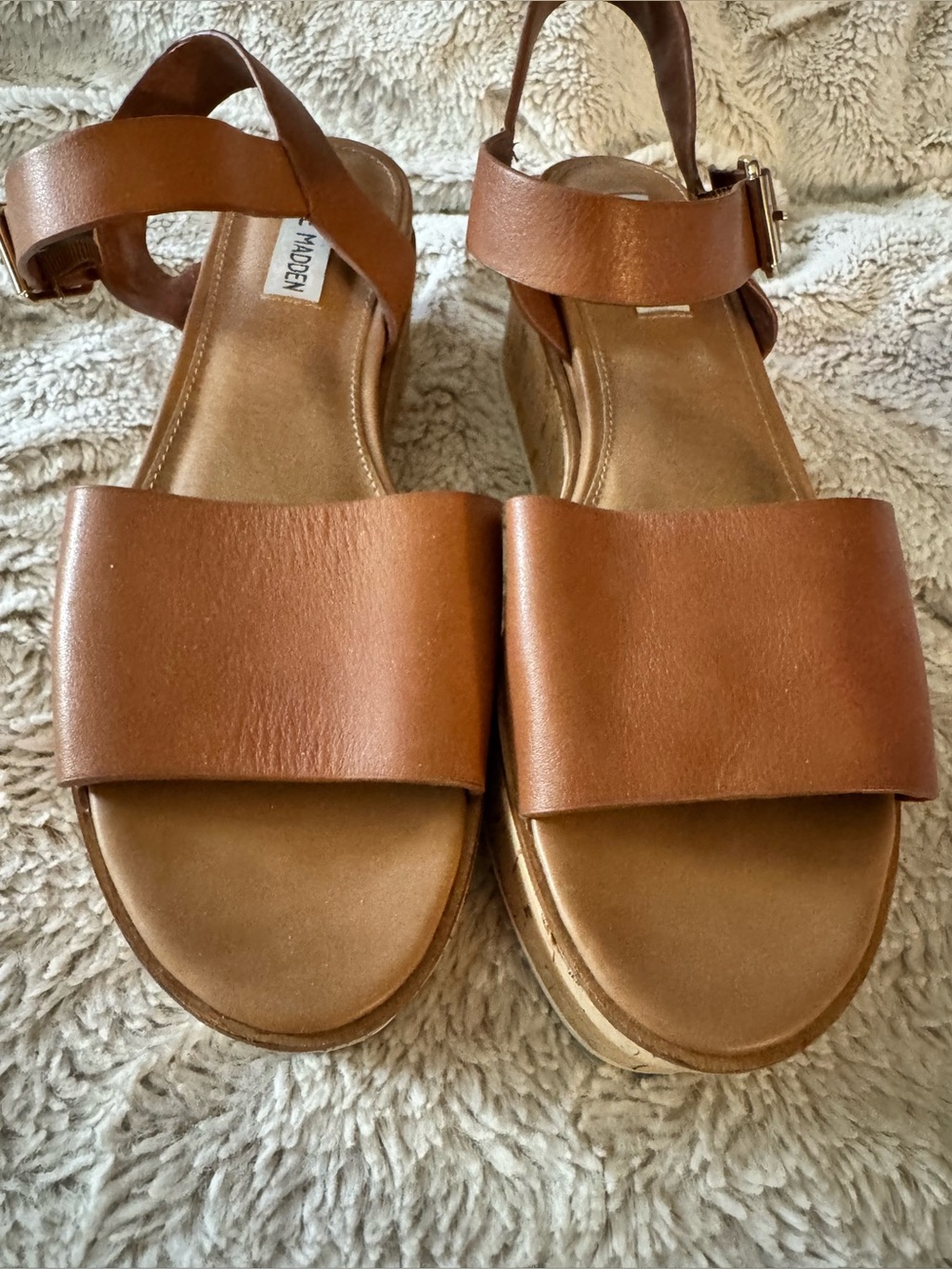 Steve Madden, Corrina Leather Cork Platform Sandals, Cognac, Women’s 10M - Picture 3 of 15